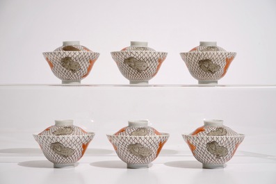 Six Japanese eggshell covered cups and saucers with carps, Meiji, 19th C.