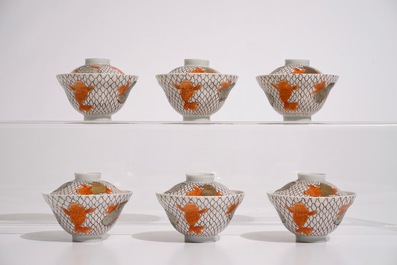 Six Japanese eggshell covered cups and saucers with carps, Meiji, 19th C.