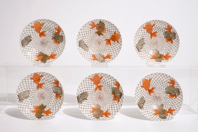 Six Japanese eggshell covered cups and saucers with carps, Meiji, 19th C.