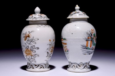 Two Chinese export famille rose and grisaille tea caddies and covers, Qianlong