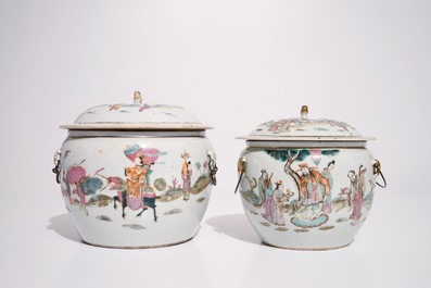 Deux bols et deux pots couverts en porcelaine de Chine famille rose, 19&egrave;me