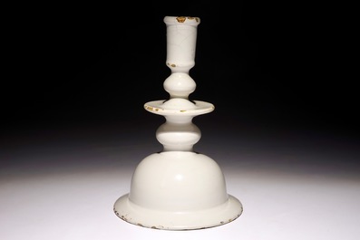 A rare large white Dutch Delft candlestick, 17th C.