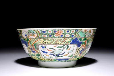 A Chinese famille verte bowl with fish and phoenixes, Kangxi