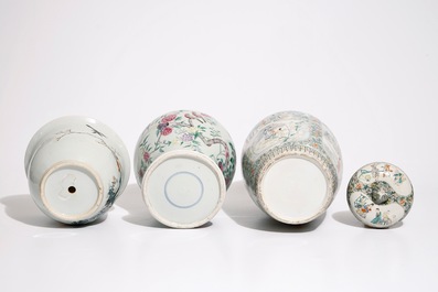 A Chinese Canton famille verte vase, a famille rose flowerpot and a baluster vase, 18/19th C