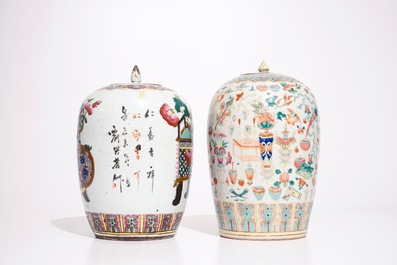 Two Chinese famille rose covered bowls and two ginger jars, 19th C.