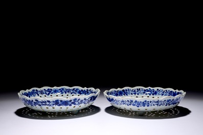 A pair of blue and white Chinese porcelain strainers after Delft examples, Qianlong