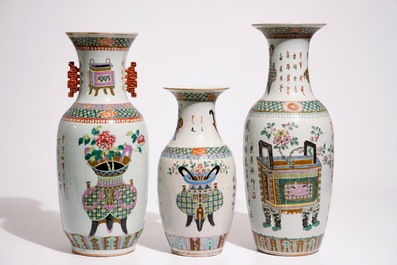 Three Chinese famille rose and verte vases with incense burners and jardinieres, 19th C.