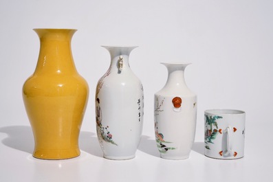 A varied lot of Chinese famille rose, verte and monochrome porcelain, 19/20th C.