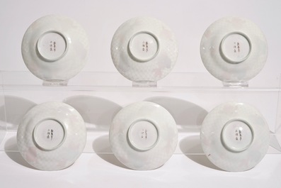 Six tasses couvertes et soucoupes en porcelaine coquille d'oeuf de Japon, Meiji, 19&egrave;me