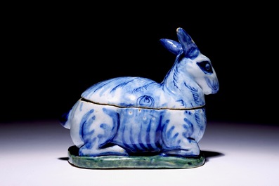 A small polychrome Dutch Delft tureen in the shape of a hare, 18th C.