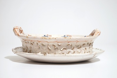 A reticulated polychrome Brussels faience &ldquo;La Haie Fleurie&rdquo; basket on stand, 18th C.