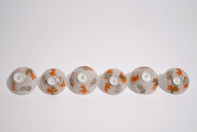 Six Japanese eggshell covered cups and saucers with carps, Meiji, 19th C.