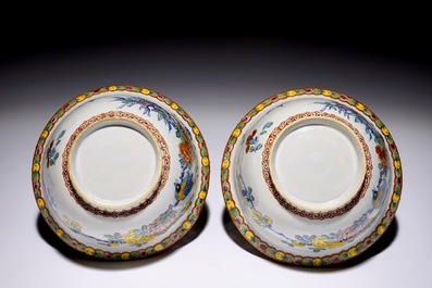 A pair of rare polychrome Dutch Delft bowls and covers, early 18th C.