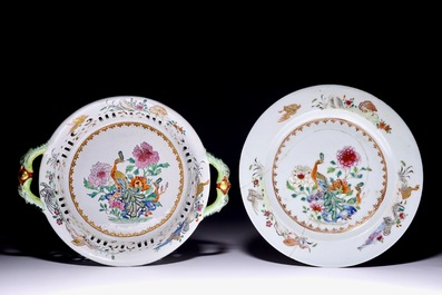 Un panier ajour&eacute; en fa&iuml;ence de Delft polychrome petit feu avec l'example chinois en famille rose, 18&egrave;me