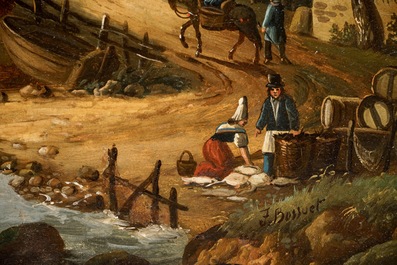 Een schilderijklok met havenzicht, gesign. Bossuet, olie op doek, binnenwerk van Bordier, Gen&egrave;ve, 19e eeuw