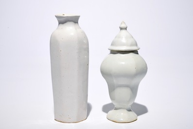 A white Dutch Delft rouleau vase and a vase with cover, 17/18th C.