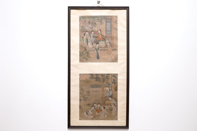Un encadrement de deux tableaux sur textile, Chine, 19&egrave;me