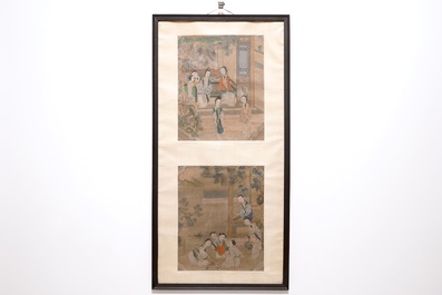 A frame of two Chinese paintings on textile, 19th C.