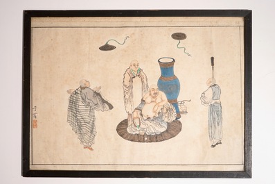 Sign&eacute; Hua Ziyou, encre de Chine et aquarelle sur papier, 19&egrave;me