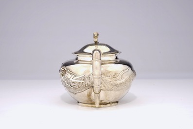 An inscribed Chinese silver teapot with dragon design, ca. 1936