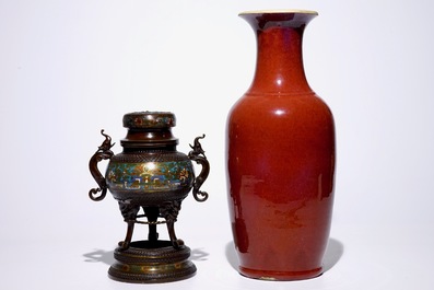 A Chinese monochrome oxblood vase and a bronze incense burner, 19th C.