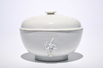 Un bol couvert en porcelaine blanc de Chine de Dehua &agrave; d&eacute;cor appliqu&eacute;, 19&egrave;me