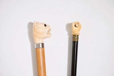 Two walking canes with carved ivory handles, 19th C.