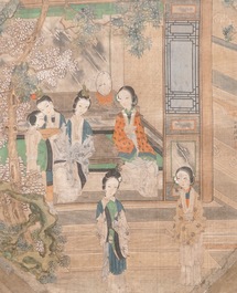 A frame of two Chinese paintings on textile, 19th C.
