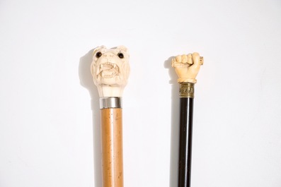 Two walking canes with carved ivory handles, 19th C.