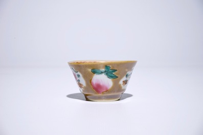 Nine Chinese famille rose on capucin brown ground cups and saucers, Qianlong