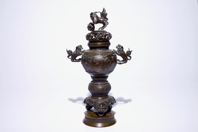 A Japanese bronze koro on foot and a figurative incense burner, Meiji/Taisho, 19/20th C.