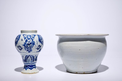 A varied lot of blue and white Dutch Delft and French Rouen pottery, 18th C.