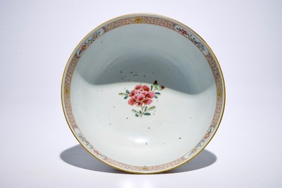 Three Chinese famille rose &ldquo;Tobacco Leaf&rdquo; saucer plates and a famille rose bowl, Yongzheng/Qianlong