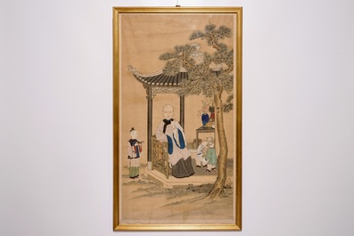 A Chinese rice paper painting depicting a lady with her servants, 18/19th C.