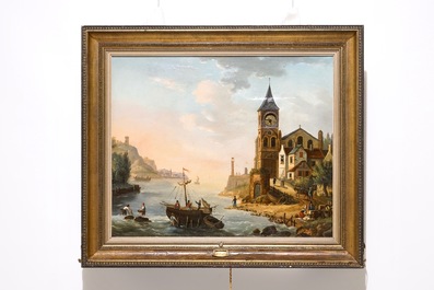 Un tableau-horloge d'un vue de port, sign&eacute; Bossuet, huile sur toile, mouvement int&eacute;rieur par Bordier, Gen&egrave;ve, 19&egrave;me
