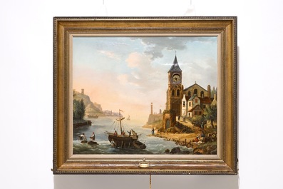 A musical picture clock with a harbour scene signed Bossuet, oil on canvas, the work inside by Bordier, Geneva, 19th C.