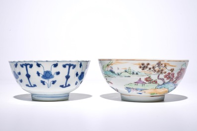 A Chinese famille rose landscape bowl, Yongzheng, and a blue and white bowl, Kangxi