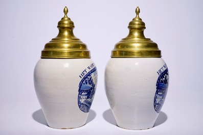 An exceptional pair of Dutch Delft blue and white tobacco jars &quot;Het Wapen van Zeeland&quot;, 18th C.