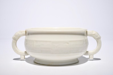 A round Chinese Dehua blanc de Chine censer with moulded and underglaze decoration, 19th C.