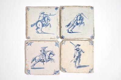 Huit carreaux en fa&iuml;ence de Delft bleu et blanc aux soldats et jeux d'enfants, 17/18&egrave;me