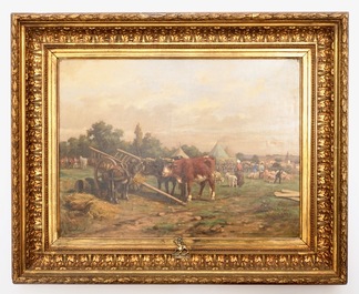 Martin Coulaud (Frankrijk, 1860-1906), Rustende dieren bij een markt, olie op doek