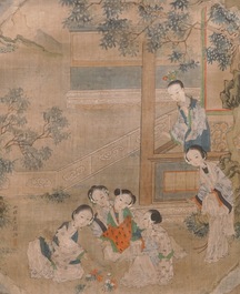 A frame of two Chinese paintings on textile, 19th C.