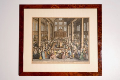 Barnard Picart, &quot;&ldquo;La dedicace de la Synagogue des Juifs Portugais, a Amsterdam&rdquo;, gravure sur cuivre, coloris ancien, 1724-1737