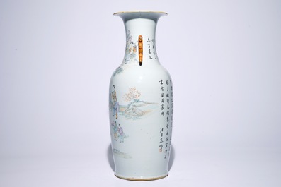 A tall Chinese qianjiang cai calligraphy vase with calligraphy, 19/20th C.