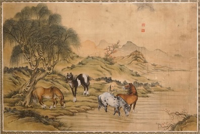 Een paar Chinese schilderijen op zijde met decor van &ldquo;De acht paarden van Mu Wang&rdquo;, 19/20e