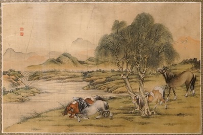 Une paire de peintures chinoises sur soie au sujet &quot;Les huit chevaux de Mu Wang&quot;, 19/20&egrave;me