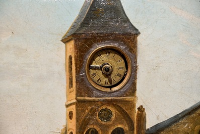 A musical picture clock with a harbour scene signed Bossuet, oil on canvas, the work inside by Bordier, Geneva, 19th C.