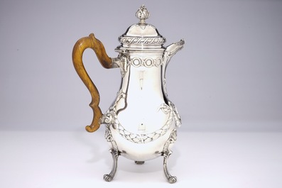 A fine silver coffee jug with wooden handle, Bruges, Pieter De Thieu, 1774