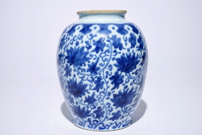 A Dutch Delft blue and white vase with lotus scrolls in Ming style, ca. 1700