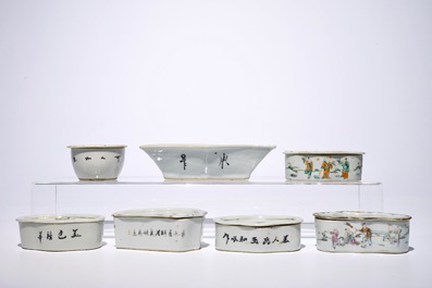 Six Chinese qianjiang cai cricket boxes and a bat-shaped bowl, 19/20th C.